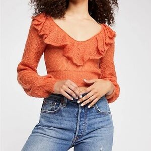 Free People Macaroon Ruffled Neck Mohair Wool Sweater Burnt Orange Ruffle size L